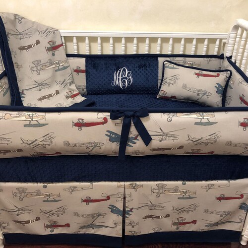 Airplane Crib Bedding Set Logan Boy Baby Bedding Airplane Etsy