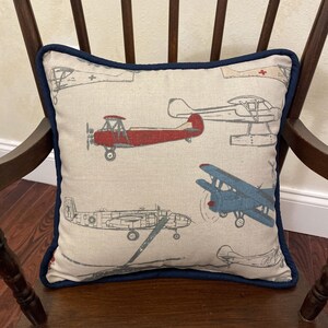 Accent Pillow with Cording - Vintage Airplanes with Navy