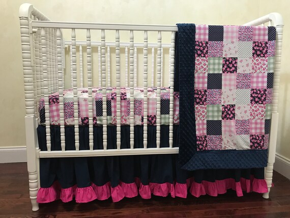pink and navy baby bedding