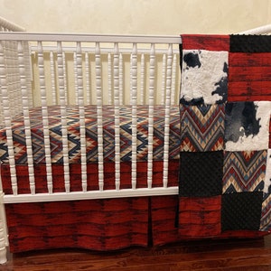 Baby Boy Western Crib Bedding, Cowboy Baby Bedding, Black, White, and Crimson, Cow Minky Baby Crib Bedding