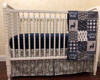 Boy Crib Bedding Set, Little Man, Deer, Navy and Gray Woodland Nursery Bedding