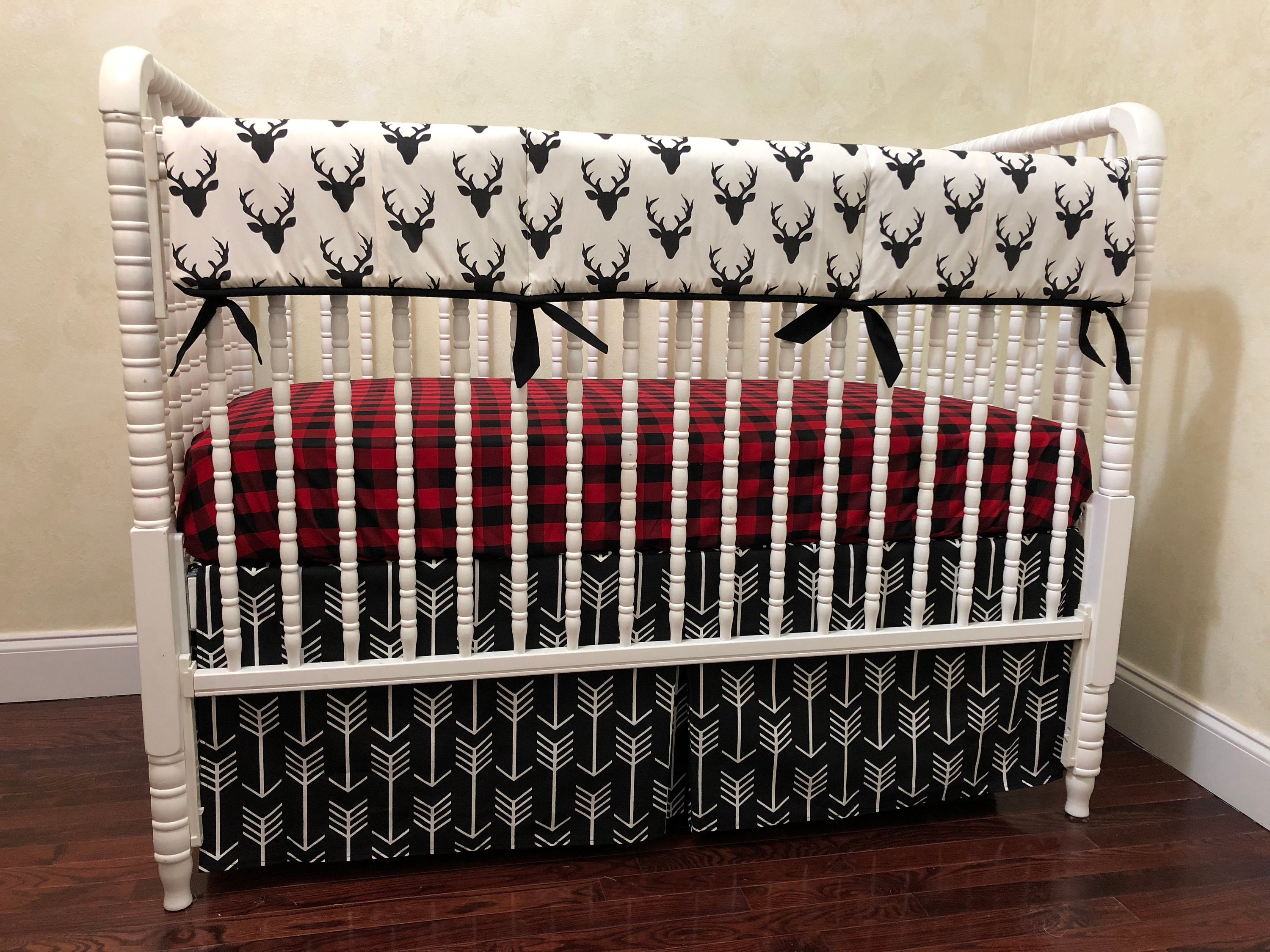 Toddler/Crib Size Blanket Patchwork Baby Blanket with Black Deer Red Plaid Black Arrows 