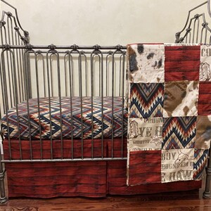 Baby Boy Western Crib Bedding, Cowboy Baby Bedding, Brown, Red, and Blue, Cow Minky Baby Crib Bedding