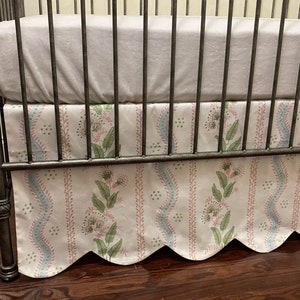 Floral Stripes and Vines Scallop Edge Crib Skirt, Baby Boy, Baby Girl Crib Bedding, Blue, Green, Pink Crib Skirt