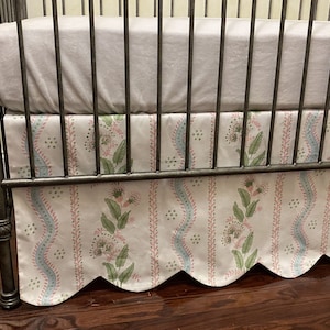 10 Colors Floral Stripes and Vines Scallop Edge Crib Skirt, Baby Boy, Baby Girl Crib Bedding, Blue, Green, Pink Crib Skirt