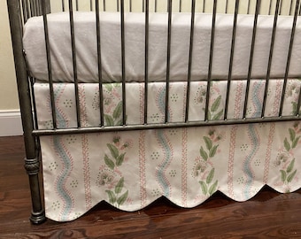 10 Colors Floral Stripes and Vines Scallop Edge Crib Skirt, Baby Boy, Baby Girl Crib Bedding, Blue, Green, Pink Crib Skirt