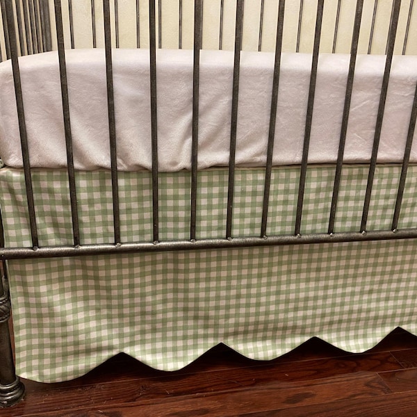 Gingham Scallop Edge Crib Skirt: Custom Baby Bedding, Sage, Blue, Pink