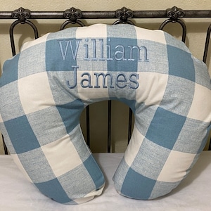 Nursing Pillow Cover, Baby Boy Nursing Pillow Cover, Light Blue Plaid, Buffalo Check