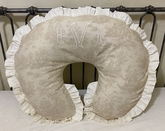 Natural Toile Nursing Pillow Cover with Ivory Ruffle