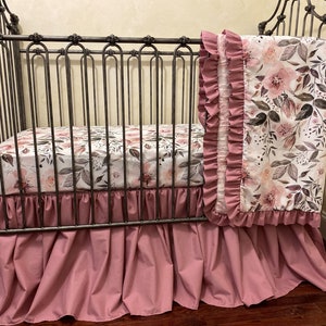 Baby Girl Floral Crib Bedding Set, Girl Baby Bedding, Rose Pink, Mauve Baby Bedding, Dusty Rose Crib Skirt, Floral Crib Sheet