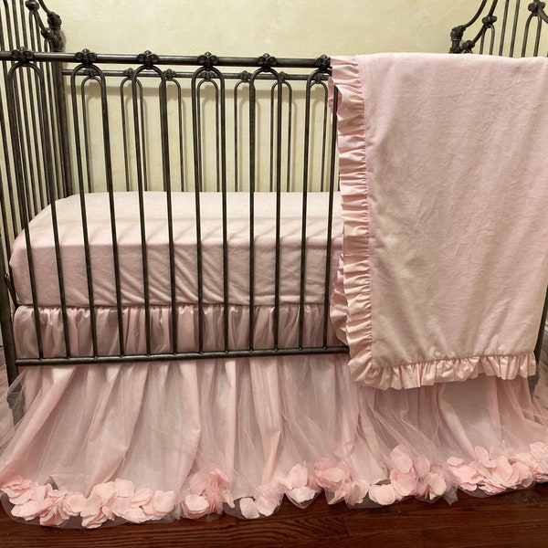 Baby Girl Crib Bedding in Pale Pink, Tulle Crib Skirt, Minky Crib Sheet, Minky Baby Blanket, Personalized Baby Bedding