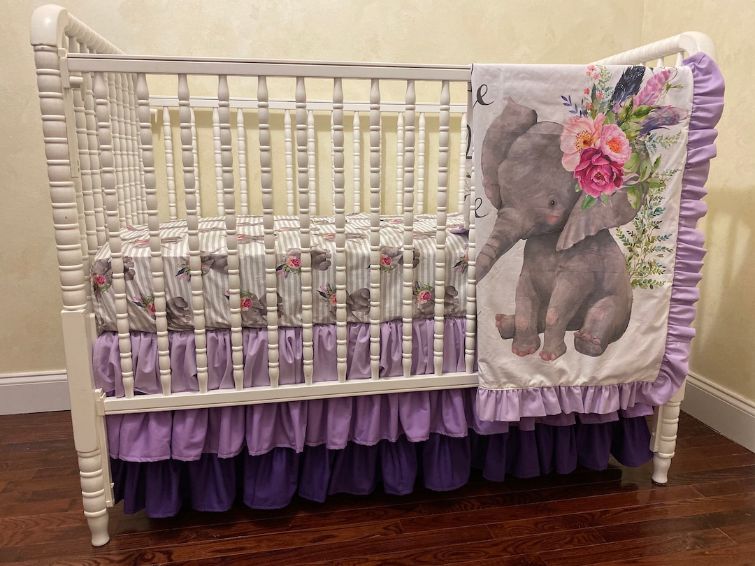 Baby Girl Floral Elephant Crib Bedding, Lavender, Purple, Gray Elephant Baby Girl Bedding