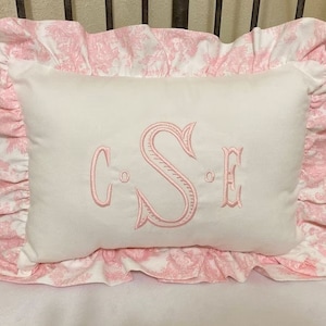 Nursery Pillow with Ruffle - Nursery Accent Pillow in White Twill Cotton with Pink  Toile Ruffle