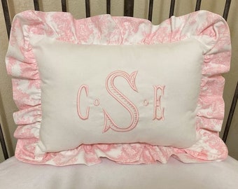Nursery Pillow with Ruffle - Nursery Accent Pillow in White Twill Cotton with Pink  Toile Ruffle