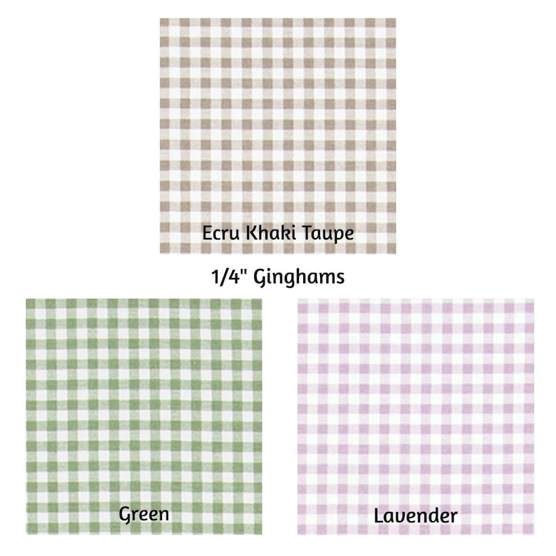 Puede incluir: Tres muestras de tela con estampado de cuadros. La muestra superior es ecru caqui taupe, la inferior izquierda es verde y la inferior derecha es lavanda. El texto "1/4" Gingham" est&aacute; encima de las muestras.