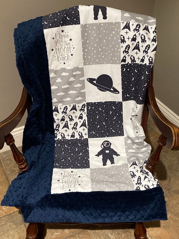 Space Baby Nursery Blanket in Navy Blue Gray Astronaut Baby Blanket Rocket Ship Blanket Baby Boy Blanket