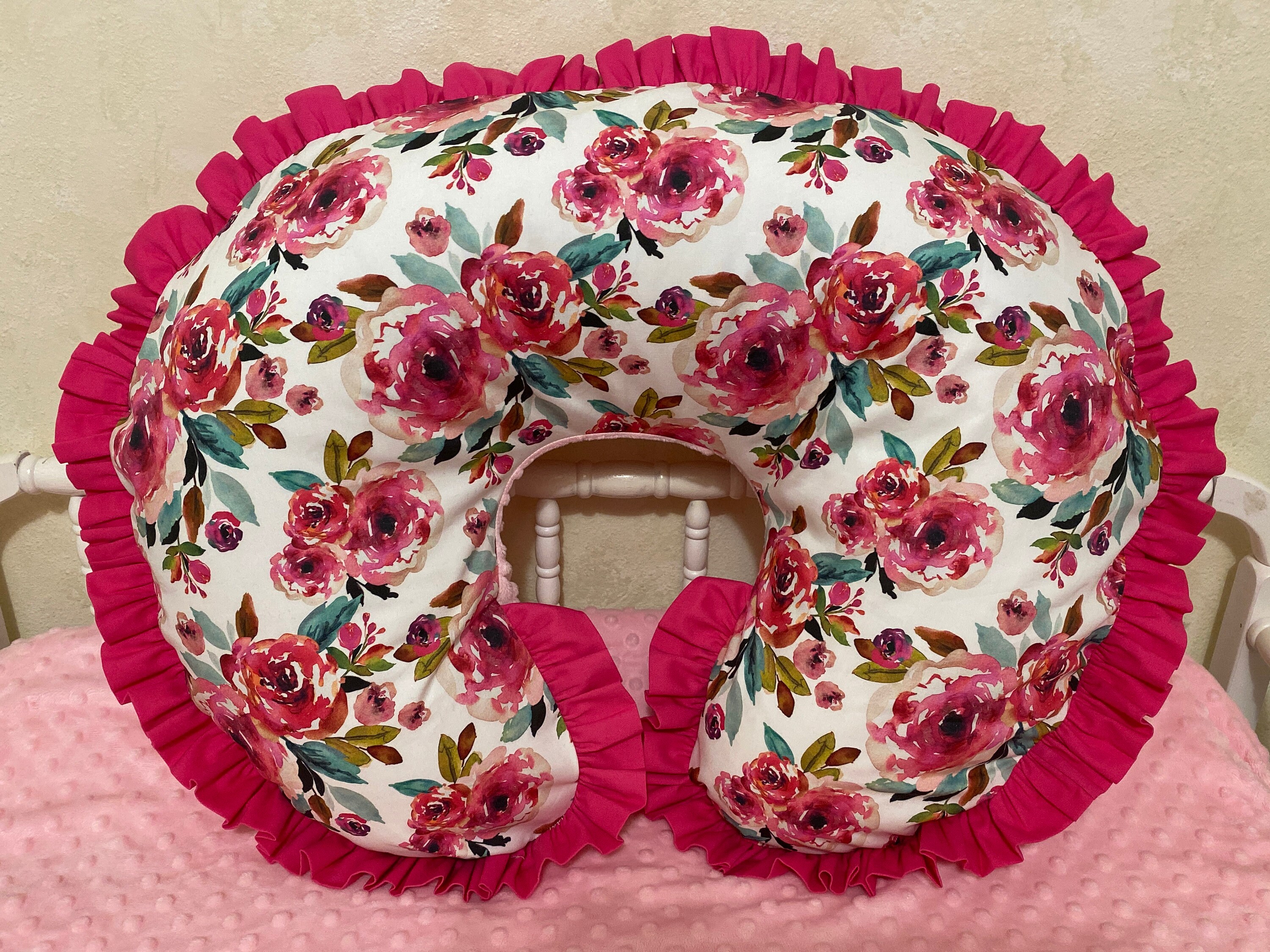 Nursing Pillow Cover With Ruffle, Hot Pink Floral Nursing Pillow