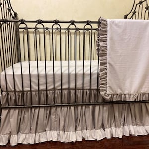 Gray and White Baby Girl Crib Bedding, Crib Sheet, Ruffled Crib Skirt, Personalized Baby Blanket, Neutral Nursery Bedding