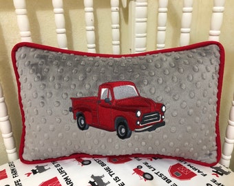 Accent Pillow with Red Vintage Truck Design - Baby Boy Nursery Pillow, Vintage Truck Accent Pillow