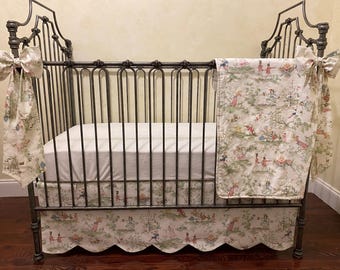 Nursery Rhyme Toile Baby Crib Bedding, Scalloped Crib Skirt, Baby Girl, Baby Boy Crib Bedding