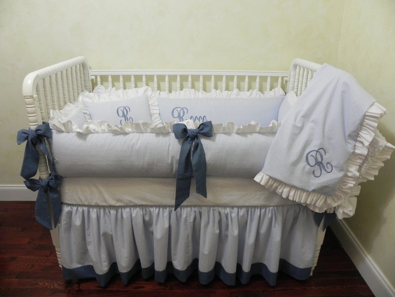 Baby Boy Crib Bedding Set Rocco Blue Seersucker Crib Etsy
