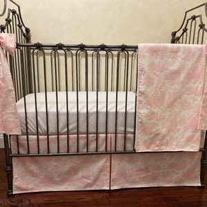 Baby Girl Crib Bedding, Pink Toile Crib Skirt, Blanket, Crib Bows