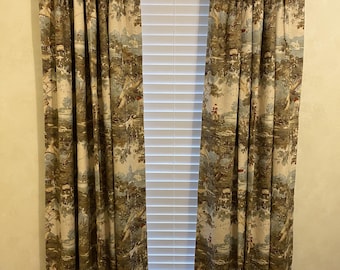 Vintage English Countryside Hunting Fishing Toile Curtains, Canopy Curtains