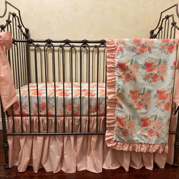 Baby Girl Floral Crib Bedding, Coral, Peach, Mint Floral Baby Bedding, Baby Blanket, Crib Skirt