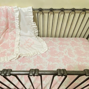 Girl Crib Bedding, Pink Toile Blanket and Crib Sheet Set, Personalized Blanket