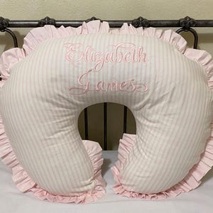 Pink Ticking Stripe Nursing Pillow Cover with Ruffle, Baby Girl Nursing Pillow Cover, Breastfeeding Pillow Cover