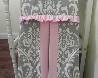 Diaper Stacker - Hanger Style Diaper Stacker in Gray Damask with Pink