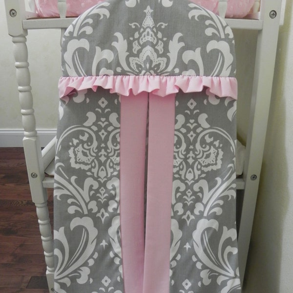 Diaper Stacker - Hanger Style Diaper Stacker in Gray Damask with Pink