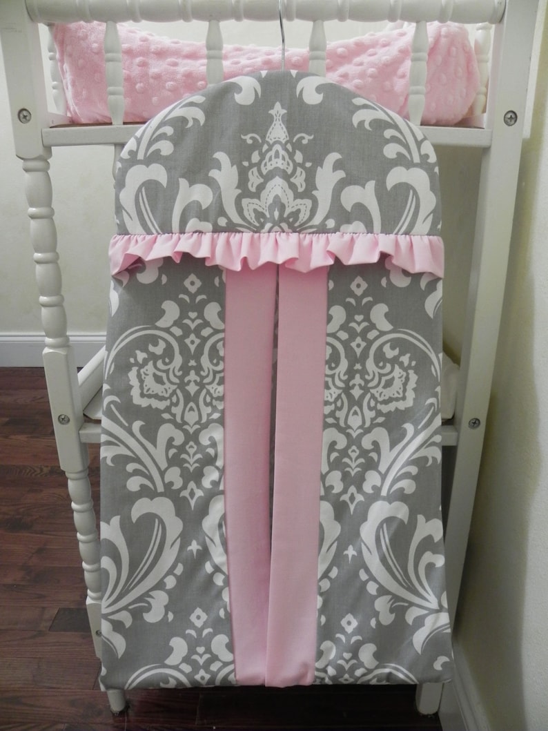 Diaper Stacker Hanger Style Diaper Stacker in Gray Damask with Pink image 1