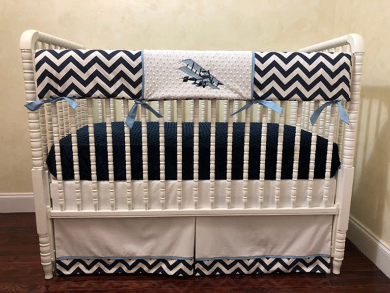 Airplane Baby Bedding Set Crib Boy Rail Cover Navy Chevron Light Blue 1 4 Pieces