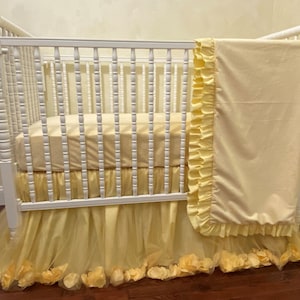 Baby Girl Light Yellow Crib Bedding, Tulle Crib Skirt, Minky Crib Sheet, Minky Baby Blanket, Personalized Baby Bedding