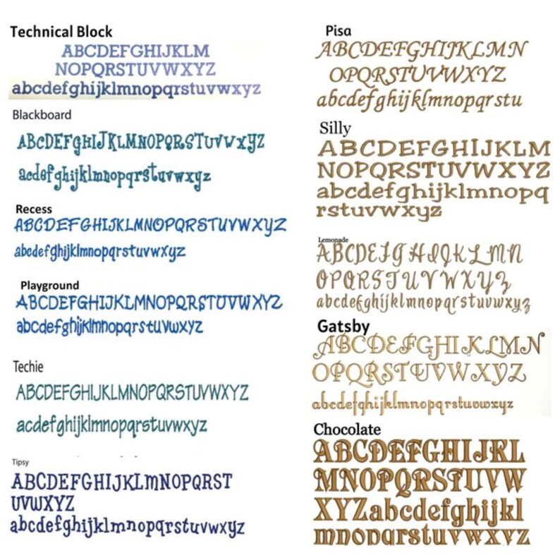 May include: A display of various embroidered fonts, including Technical Block, Pisa, Blackboard, Silly, Recess, Lemonade, Playground, Gatsby, Techie, Tipsy, and Chocolate. Each font showcases uppercase and lowercase letters in different styles and colors.