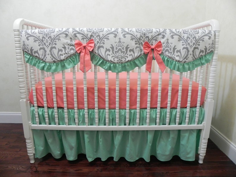 coral and mint crib bedding