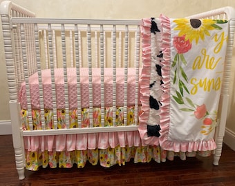 Girl Crib Bedding, Sunflower Crib Bedding, Sunflower and Rose Baby Bedding with Pink, Choose Your Pieces