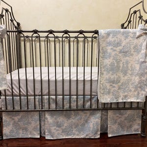 Blue Toile Crib Bedding, Baby Boy, Baby Girl Crib Bedding, Neutral Baby Bedding, Toile Double Pleated Crib Skirt, Blanket, Nursery Bows