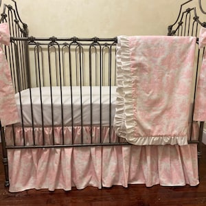 Baby Girl Crib Bedding, Pink Toile, Toile Crib Skirt, Blanket, Crib Bows