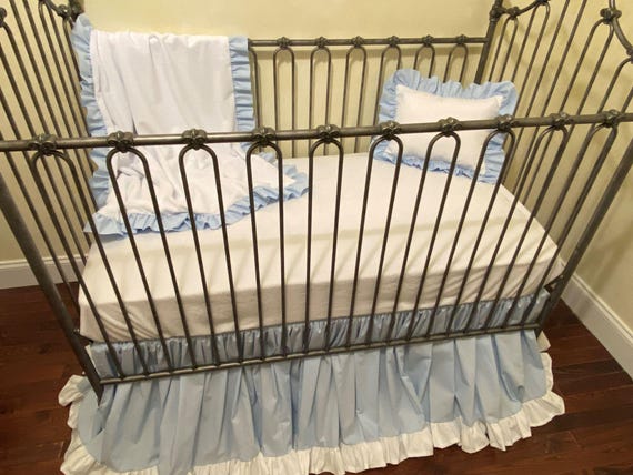 Blue and White Baby Crib Bedding, Crib Sheet, Ruffled Crib Skirt, Personalized Baby Blanket, Neutral Nursery Bedding