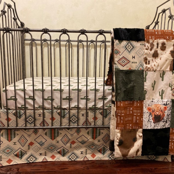 Baby Boy Western Crib Bedding, Cactus, Highland Cow Baby Bedding, Crib Sheet, Crib Skirt, Patchwork Baby Blanket
