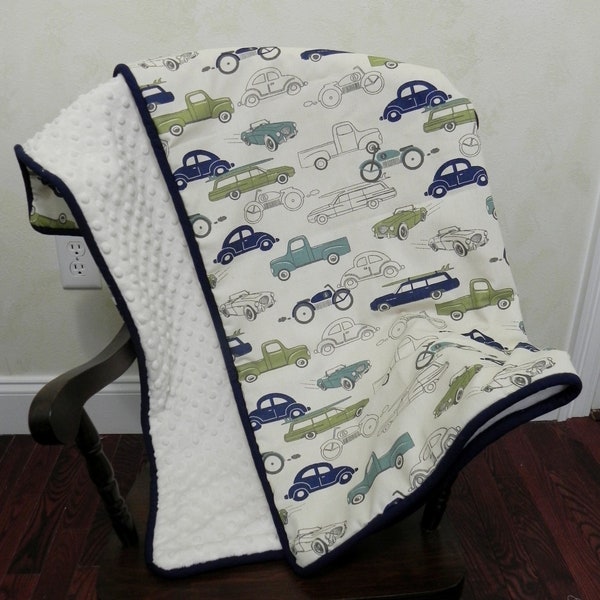 Baby Blanket, Crib Blanket - Vintage Cars and Ivory Minky Dot