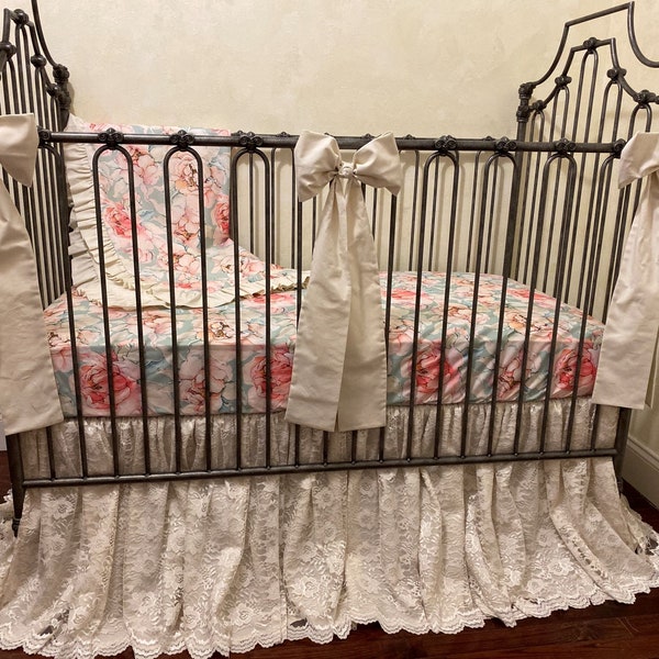 Baby Girl Crib Bedding, Floral Crib Bedding, Lace Crib Skirt, Floral Nursery Bedding