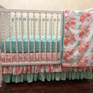 Floral Crib Bedding, Baby Girl Crib Bedding, Coral, Peach, Mint Floral Baby Bedding, Tiered Ruffled Skirt, Baby Blanket