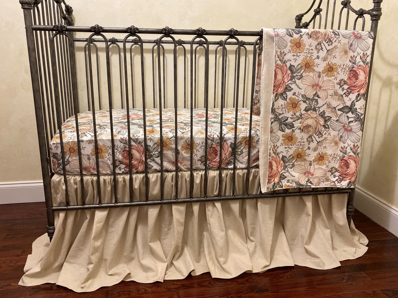 Girl Crib Bedding Vintage Floral Crib Bedding Natural Linen Etsy