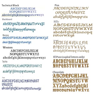 May include: A graphic showing different font styles for the alphabet in various colors. The fonts are labeled with names like "Technical Block", "Blackboard", "Recess", "Weston", "Techie", "Tipsy", "Pisa", "Silly", "Lemonade", "El Paso", and "Chocolate".