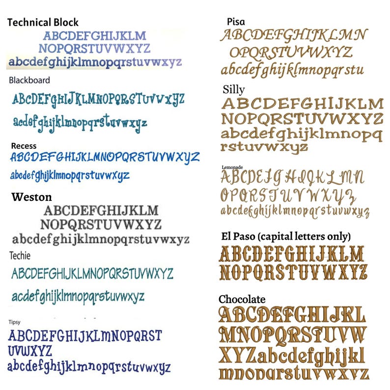 May include: A graphic showing different font styles for the alphabet in various colors. The fonts are labeled with names like "Technical Block", "Blackboard", "Recess", "Weston", "Techie", "Tipsy", "Pisa", "Silly", "Lemonade", "El Paso", and "Chocolate".