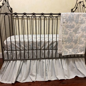 Blue Toile Blue Ticking Stripe Crib Bedding Set, Baby Boy Crib Bedding Set, Crib Sheet, Crib Skirt, Baby Blanket