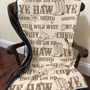 Cowboy Baby Blanket, Cowboy Crib Blanket with Brown Minky Dot and Navy